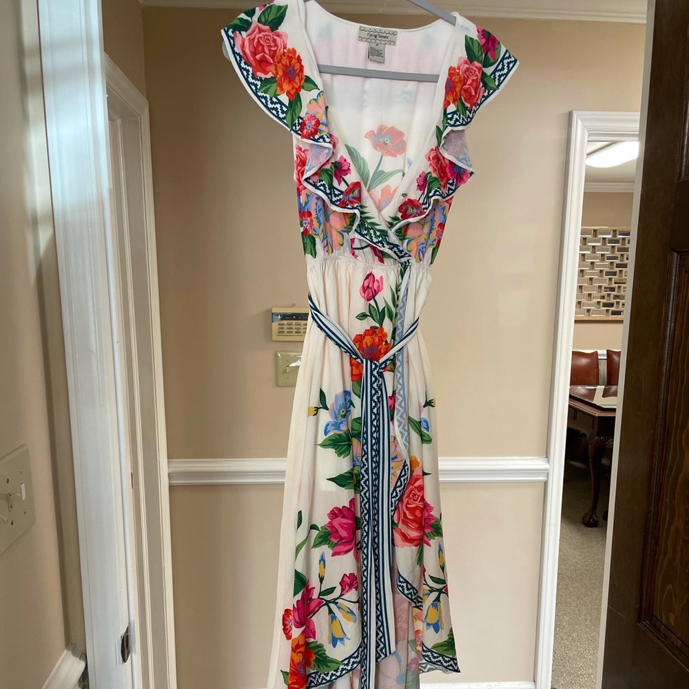 Woman’s medium ivory floral maxi/wrap dress with tie at the waist/slit in front